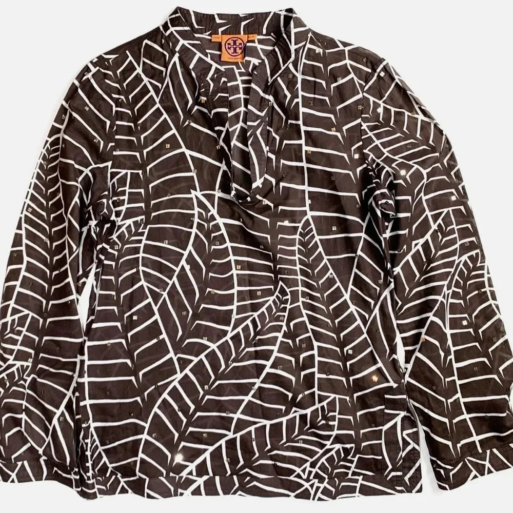 Tory Burch brown leaf Printed Cotton V-Neck Long Sleeve Tunic Top Blouse Size 6
